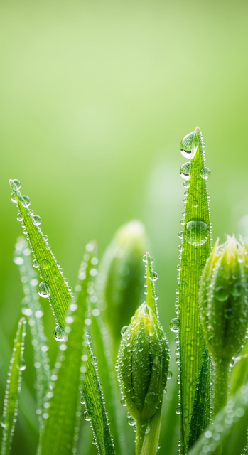Extreme Macro Photograph of Fresh Green Grass and Buds Covered in Sparkling Dewdrops