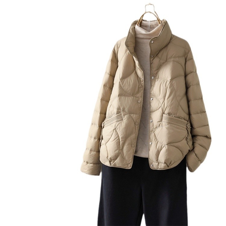 Lightweight short down jacket for women with standing collar