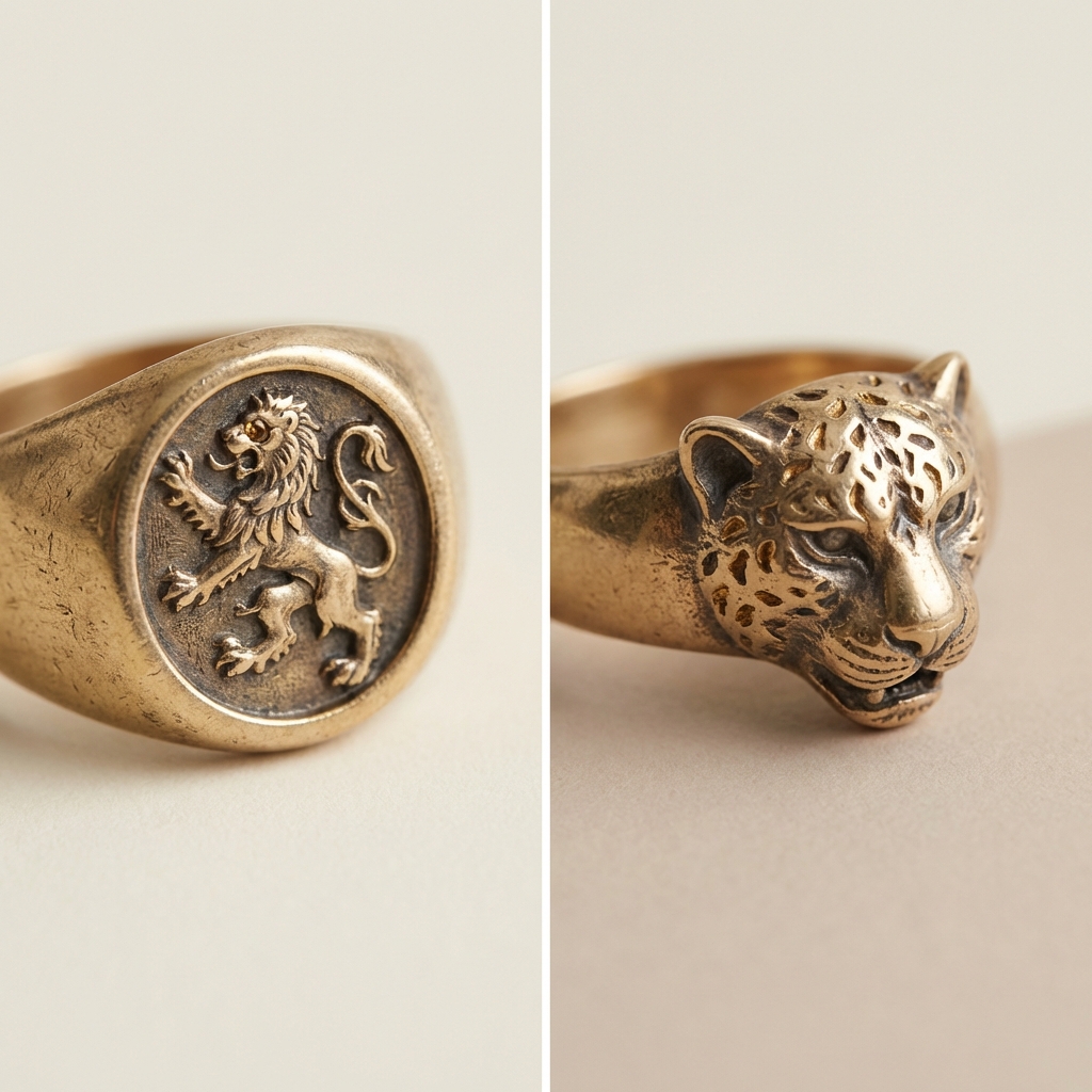 Side by side cropped full frame photo showing a heraldic lion ring and a jaguar motif ring on a plain cream background ede7da minimalist editorial styling ancient aztec ring