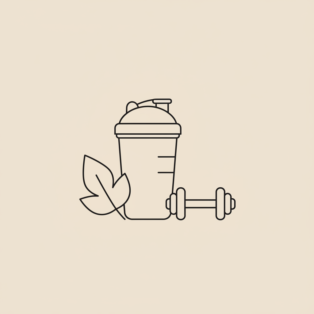 Minimal Tonum-style line illustration of a protein shaker bottle, leaf, and small dumbbell on a flat beige background — high protein shakes for weight loss