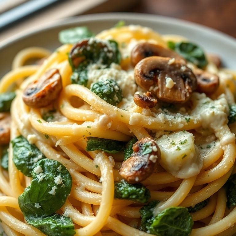 Creamy Parmesan Spinach Mushroom Pasta Recipe – Easy Weeknight Comfort Food finished