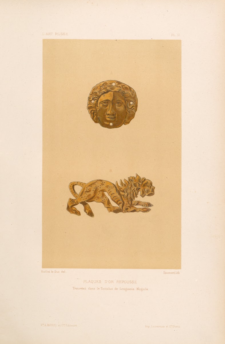 Plaques dor repoussé trouvées dans le tumulus de Lougavaïa Moguila 1877