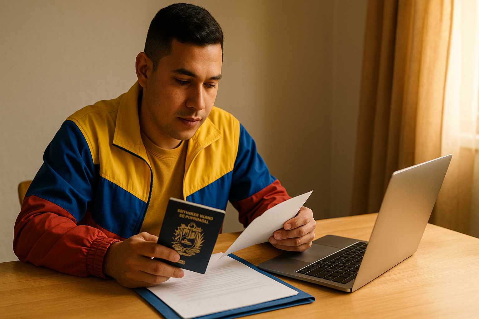 cita pasaporte venezolano Colombia en laptop con documentos de renovación