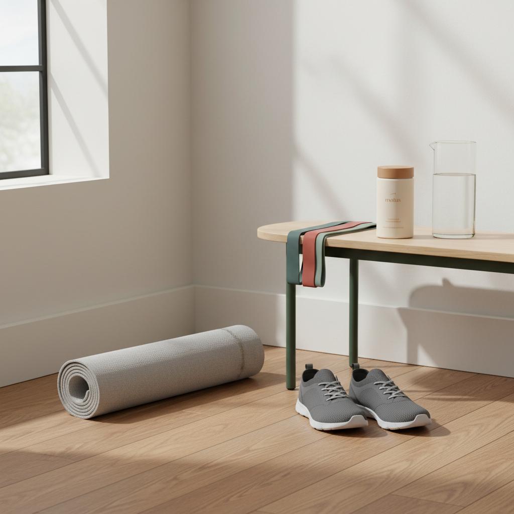 Minimalist living-room corner with rolled yoga mat, resistance bands, walking shoes and Tonum Motus container on a side table, suggesting dementia prevention through daily movement.
