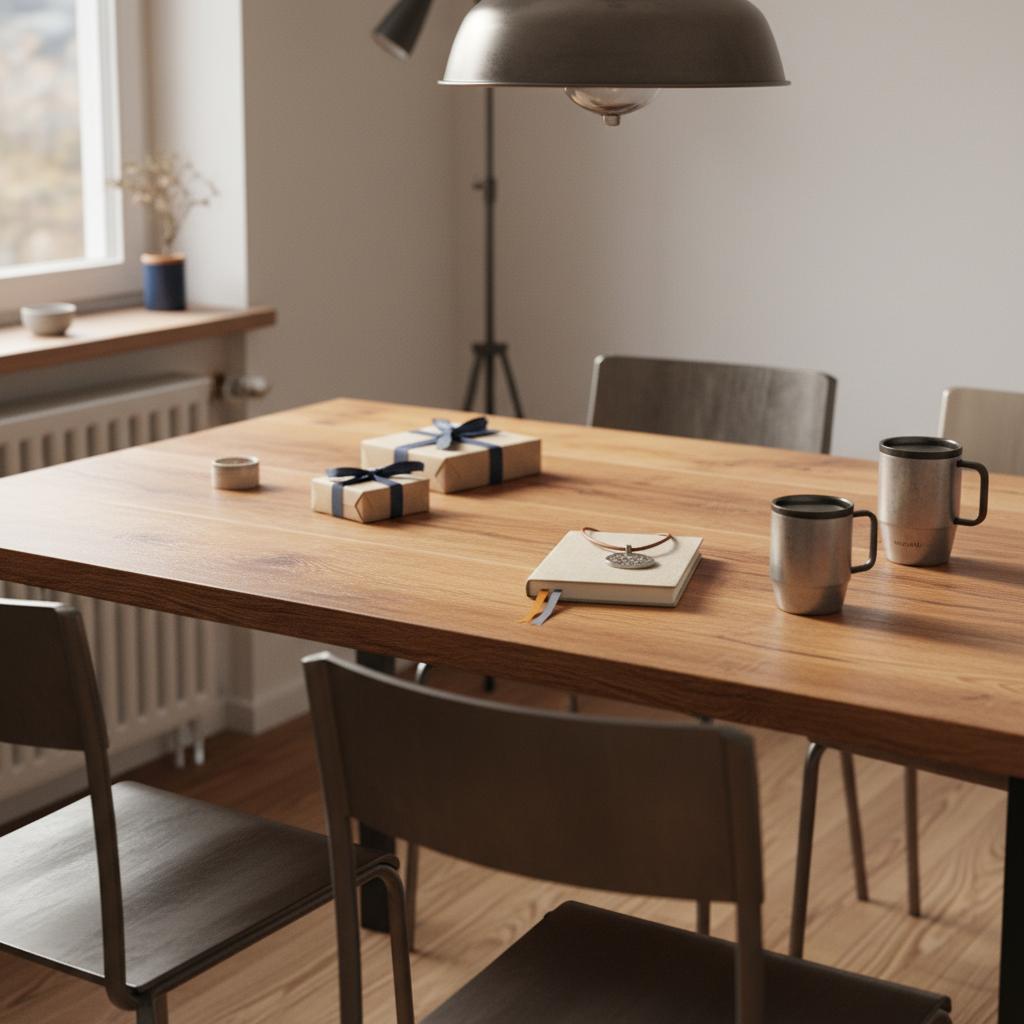 Minimalistisches Esstisch-Arrangement mit Geschenkideen lehrer: Notizbuch, gravierter Metall-Anhänger und Thermobecher auf hellem Holz, warmes Fensterlicht.