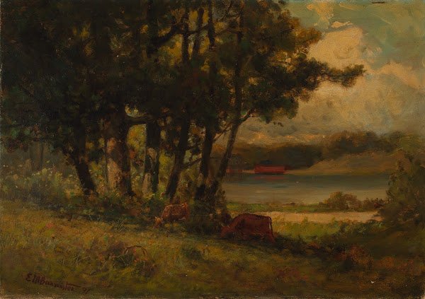 Untitled landscape with cows grazing near river