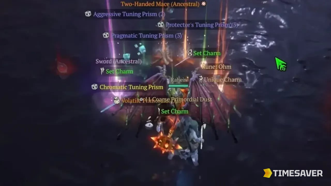 Diablo 4 Lair Boss loot explosion — Ancestral items, charms and tuning prisms dropping from a boss kill, the kind of Mythic-rich Hoard the Corrupted Reaper drops in Season 14