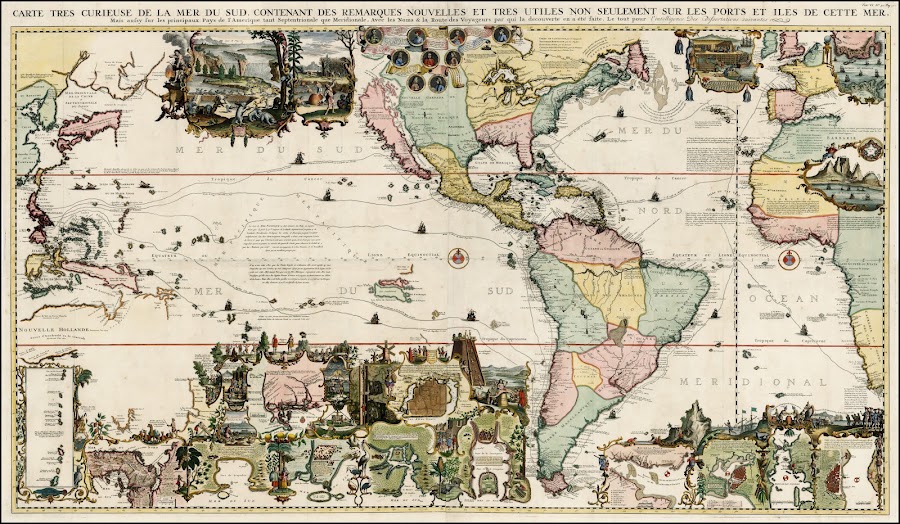 1719_Carte Tres Curieuse De La Mer Du Sud Contenant Des Remarques Nouvelles Et Tres Utiles Non Seulement Sur Les Ports et Isles de Cette Mer, Mais aussy sur les principaux Pays de l'Amerique tant Septentrionale que Meridionale, Avec les Noms & la Route des Voyageurs