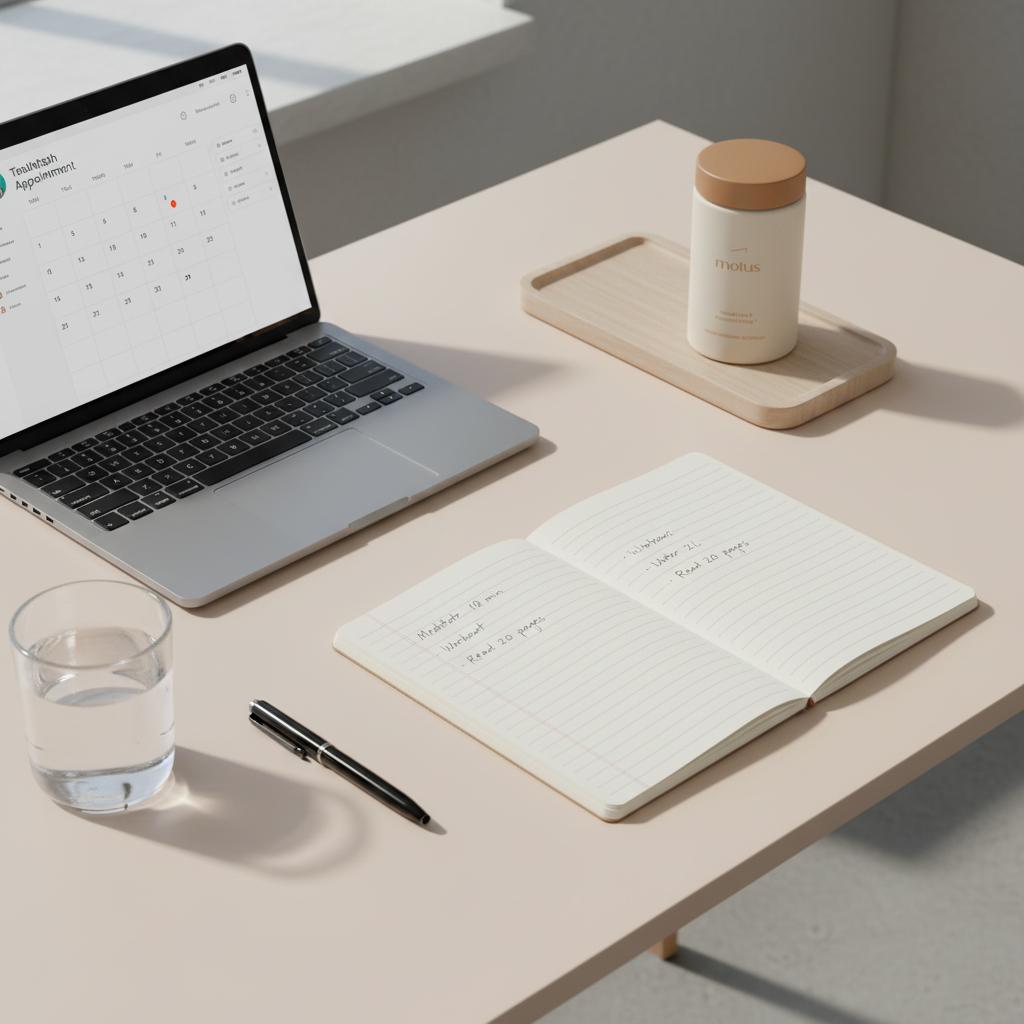 Top-down tidy workspace with notebook, laptop telehealth calendar, and Tonum supplement container; visual for online nutrition coach pricing article.