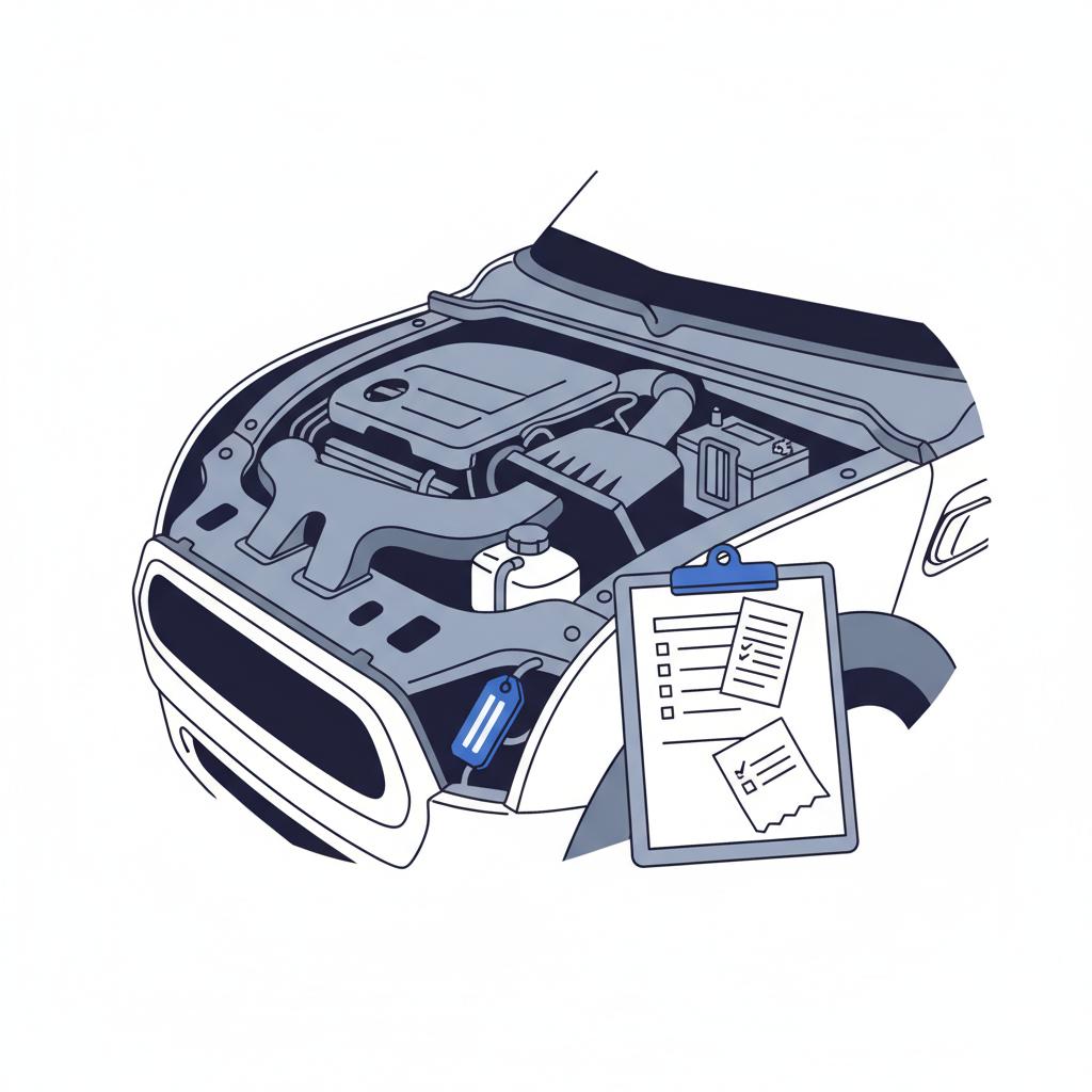Minimal 2D vector of a clean Mini Cooper engine bay with neatly arranged service tags and folded receipts on a clipboard emphasizing maintenance history mini cooper for sale