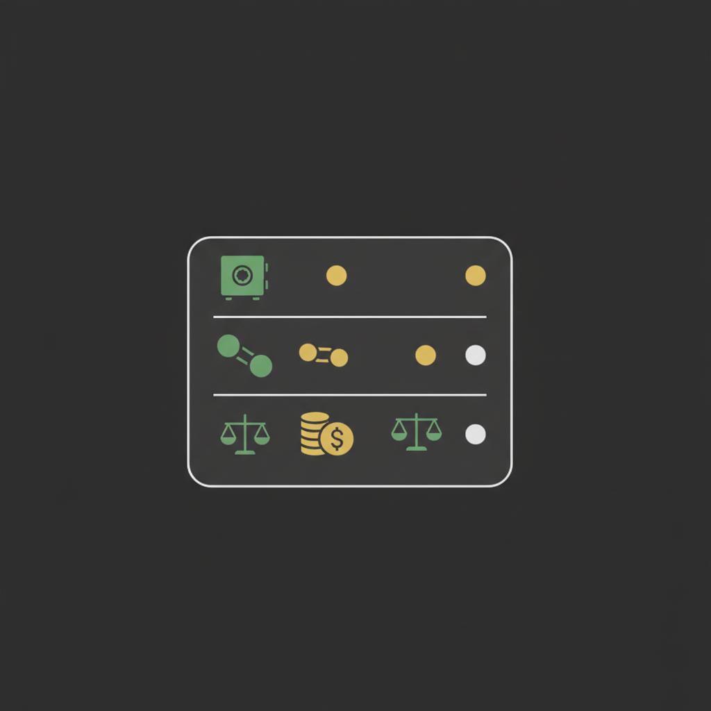 Minimal vector checklist with custody counterparty liquidity and regulation icons for hedge fund crypto risk overview on dark brand background