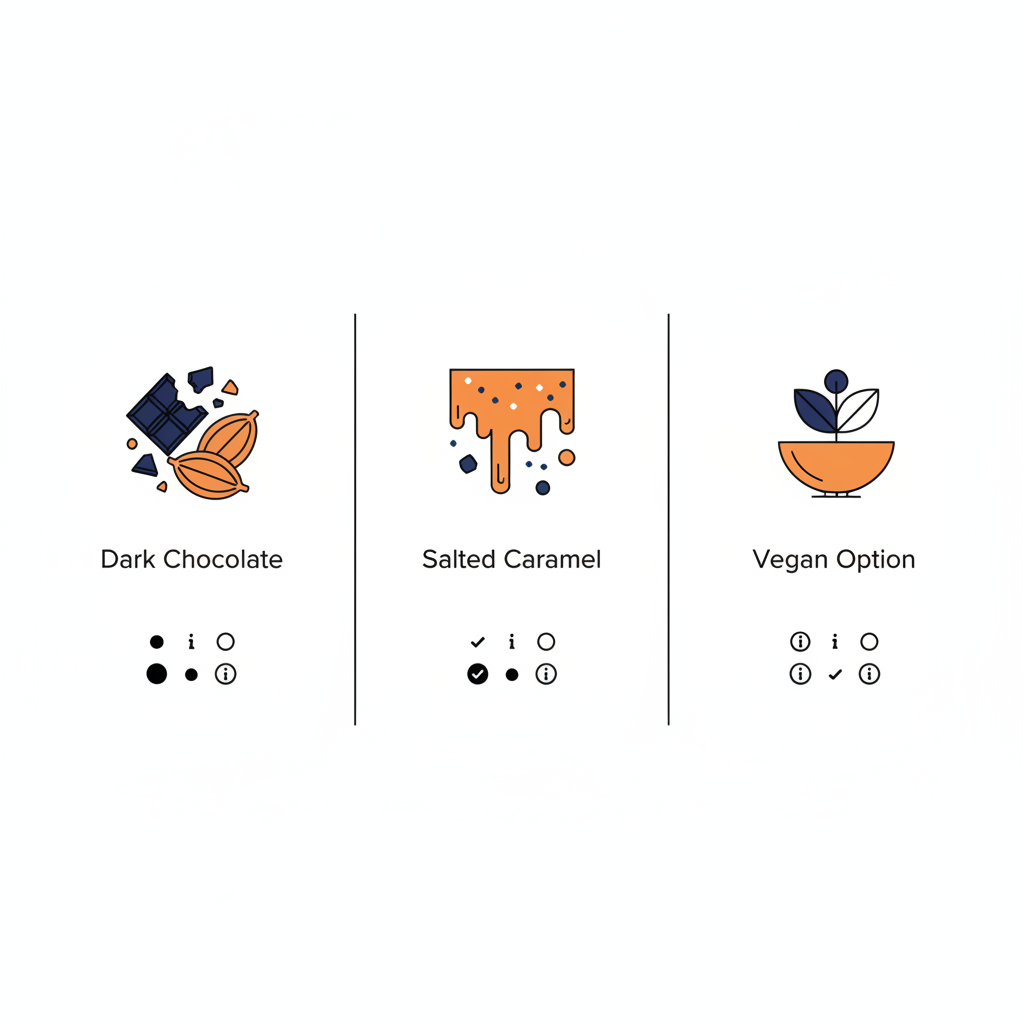 Minimalistische 2D-Vektorinfografik mit drei Icons für Zartbitter, Salz‑Karamell und vegane Option auf #FAFAFF-Hintergrund – süßigkeiten geschenke männer