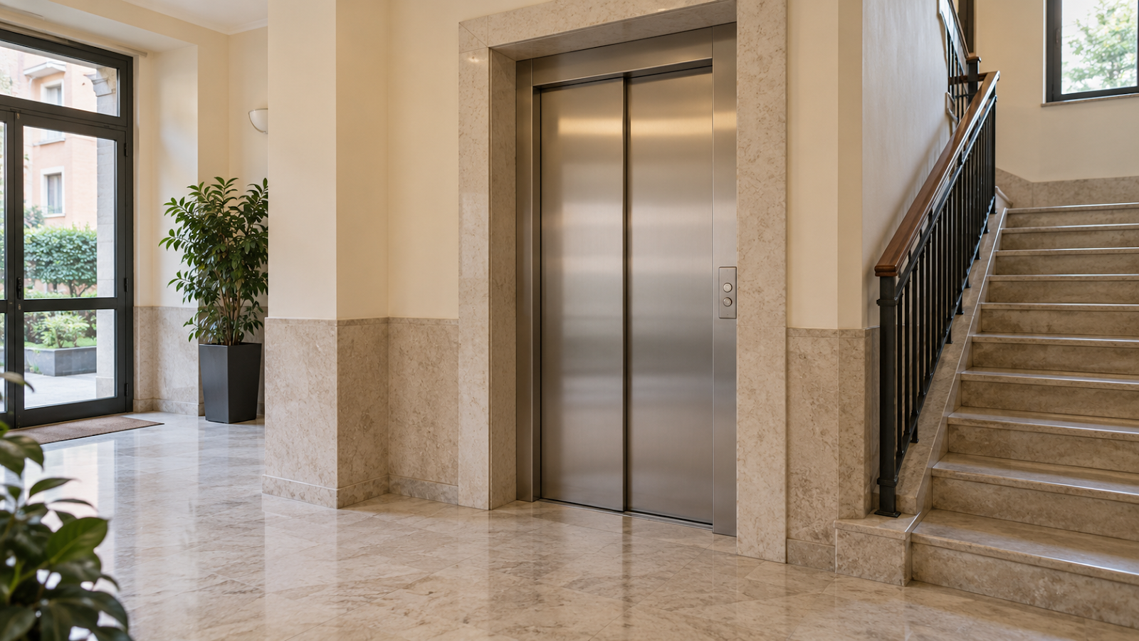Ingresso condominiale italiano luminoso con porte ascensore in acciaio, pareti avorio e scala laterale. Immagine editoriale AI.