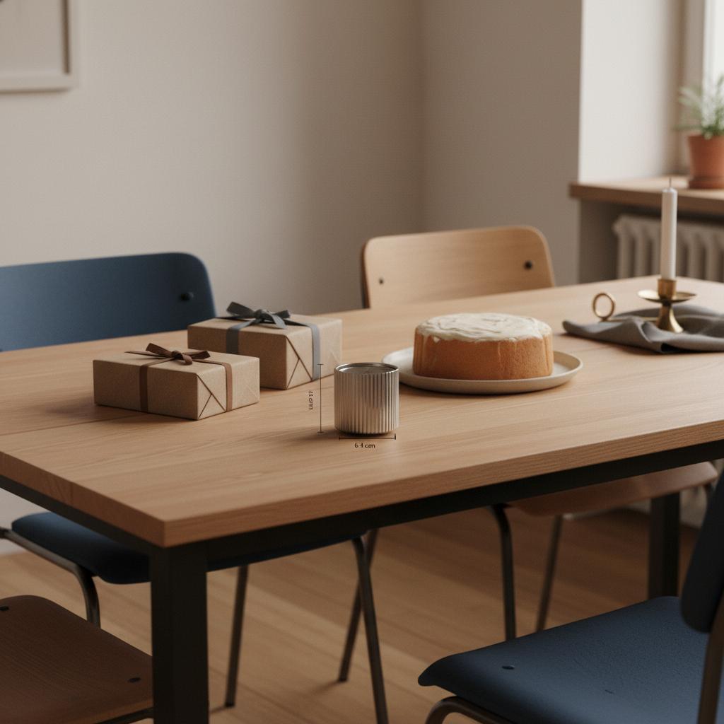 Detailaufnahme eines minimalistischen Esstisches mit sorgfältig verpackten Geschenken und einfachem Vanillekuchen, warme Holz- und Metalldetails, symbolisch für große Schwester Syndrom