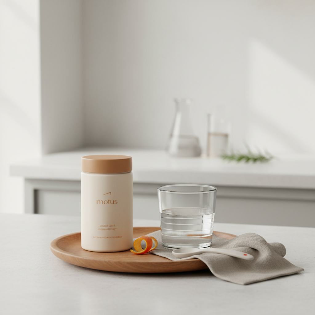 Minimalist photo of Tonum Motus supplement jar beside a glass of water on a wooden tray in a calm kitchen scene, promoting what supplement clears brain fog