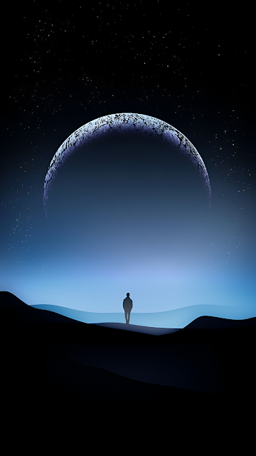 Solitary Figure Under Massive Alien Planet Minimalist Art - Free mobile Wallpaper
