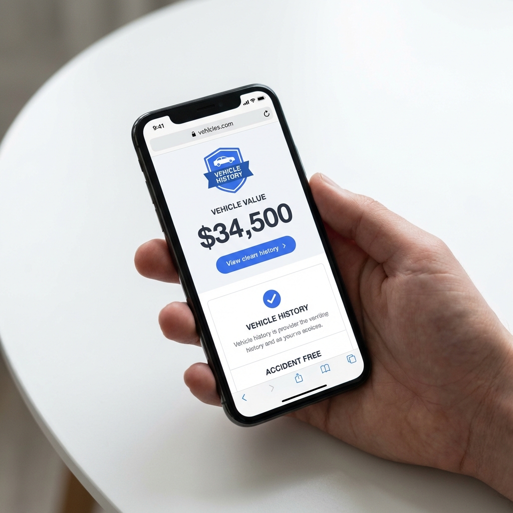 Hand holding smartphone on white table showing vehicle value page and vehicle history badge minimalist UI with accent 3666ed and black text best website to check car value
