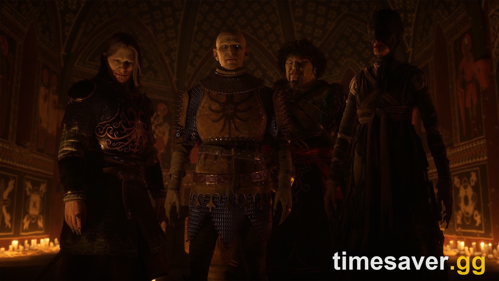 Vampire nobility stand together in a candlelit church interior in The Blood of Dawnwalker