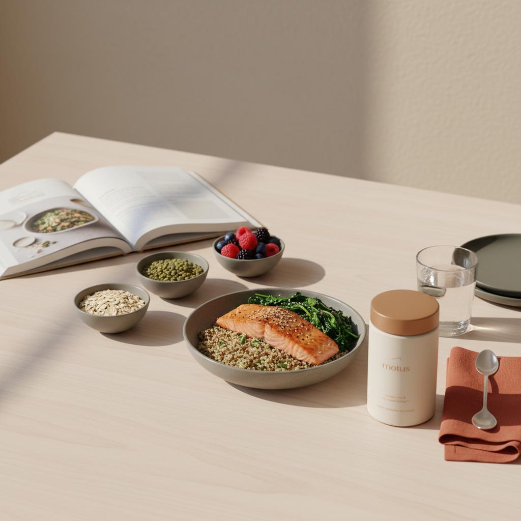 Tonum Motus container beside bowls of oats, lentils, berries and a salmon bowl on a wooden kitchen table — healthy high-fiber foods that keep you full.