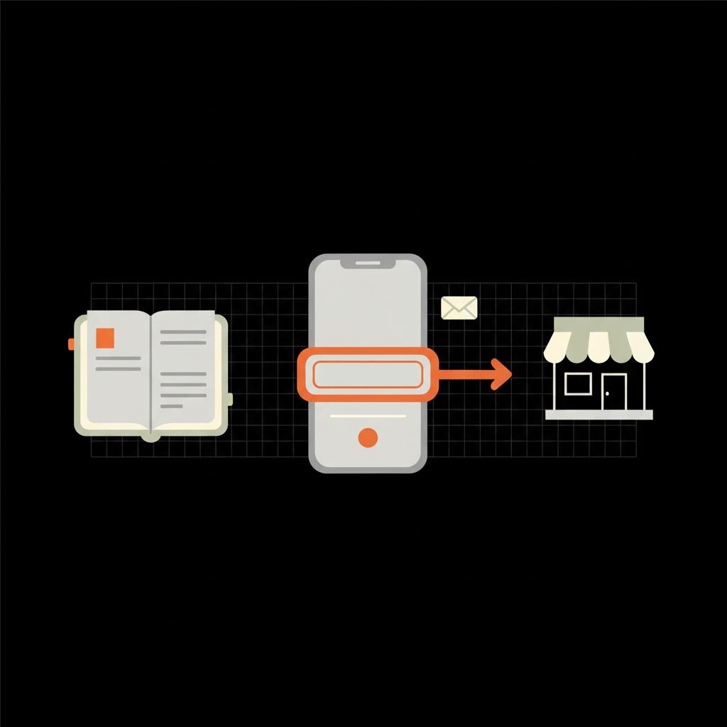 Minimal 2D vector infographic of a notebook and phone with a highlighted email signup box and arrow pointing to a small storefront icon on black background — How much do Forbes contributors get paid