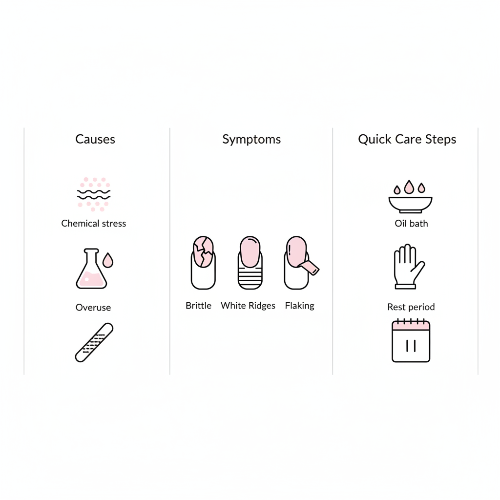 Minimalistische 2D-Vektor-Infografik zu Dehydration bei Nägeln mit Icons für Ursachen, Symptome und drei Pflegeschritte (Ölbad, Handschuh, Pause).