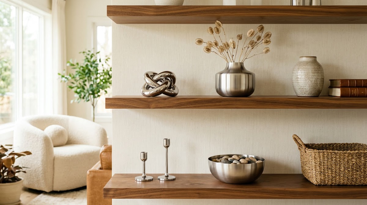 How to Style Chrome Decorative Objects on Open Wood Shelves - chrome accents used in living room bedroom and dining room