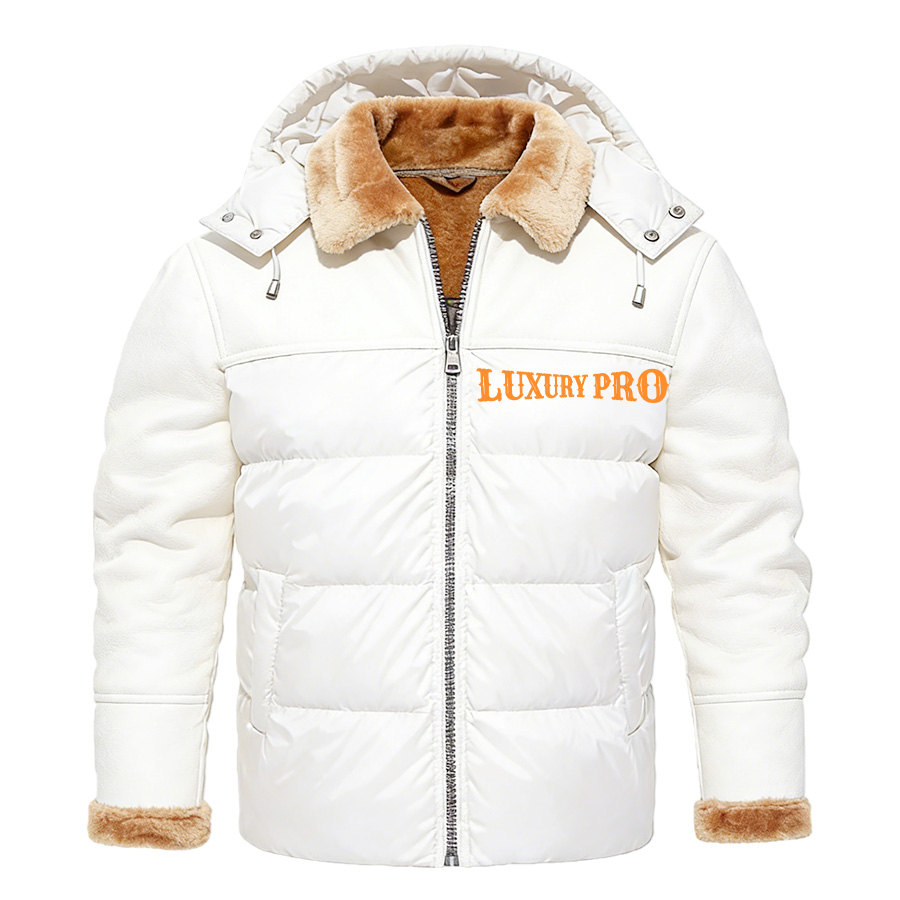 2D patterned hooded fur-coated cotton coat