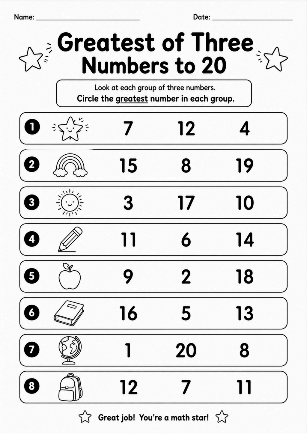 Greatest of Three Numbers to 20 Worksheet