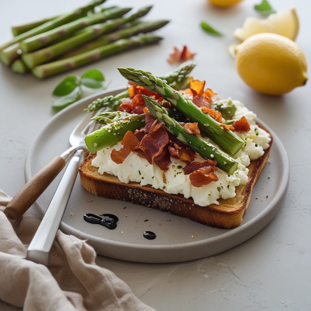 Zesty Lemon Ricotta Toast with Roasted Asparagus, Crispy Pancetta & Balsamic Glaze