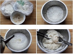 Cho bột gạo và bột nếp vào chung một thau, trộn đều. Sau đó trộn với ít nước nóng và mỡ heo, khuấy đều, lượng nước vừa đủ sao cho hỗn hợp bột dẻo, sánh và đặc.