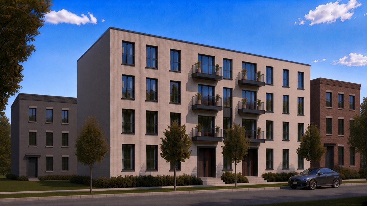 Artist&rsquo;s impression of Charlebois Place, a proposed four-storey white stone building with neighbouring buildings on either side