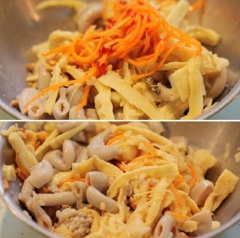 Làm nước trộn gỏi: nước mắm, 1 muỗng canh đường, nước cốt chanh, tỏi, ớt đã băm nhuyễn, bạn trộn đều và nêm nếm lại xem đã vừa vị chưa sau đó cho thêm tiêu cho thơm. Chuẩn bị một thau nhỏ cho dồi trường đã cắt, cà rốt đã vắt bớt nước ướp, măng trộn đều với phần nước trộn vừa pha, nêm nếm lại gia vị cho vừa ăn.