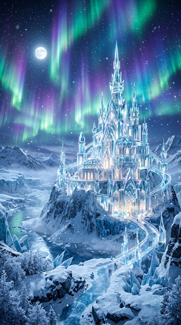 Majestic Crystalline Palace under Aurora Borealis in Arctic Landscape - Free mobile Wallpaper