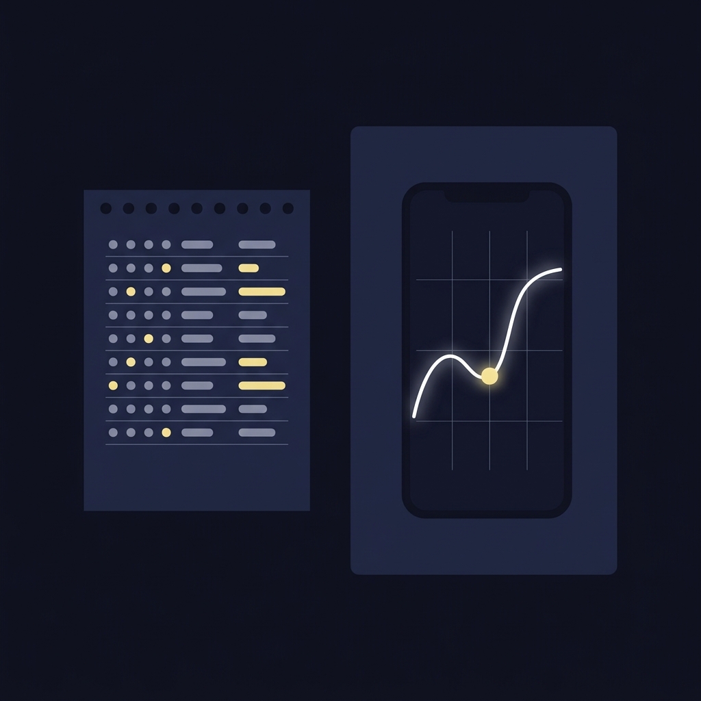 Minimalist 2D vector notepad with power rating table beside a mobile line movement chart on dark Funded Plays background What Is a Point Spread