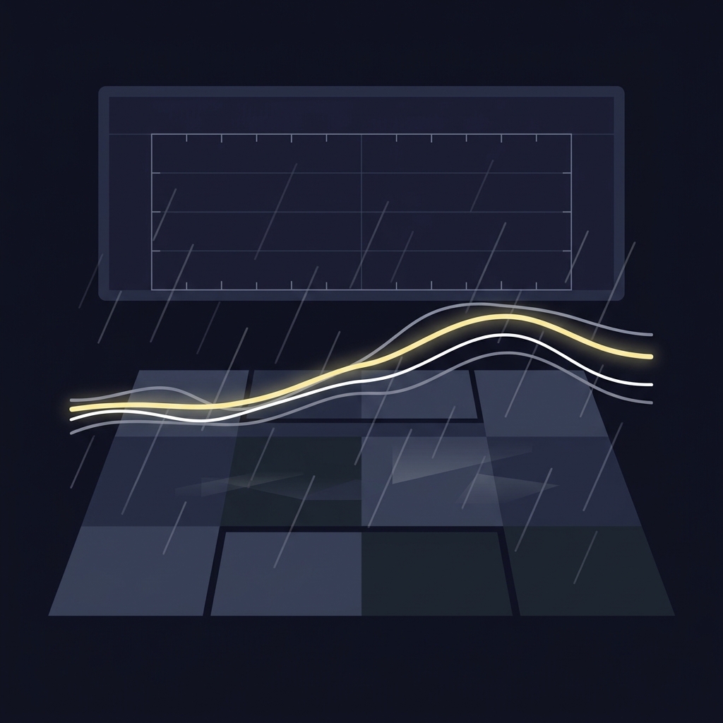Minimalist 2D vector scoreboard and rainy sports field with ensemble forecast lines overlay illustrating How Weather Forecasts Move Sports Markets