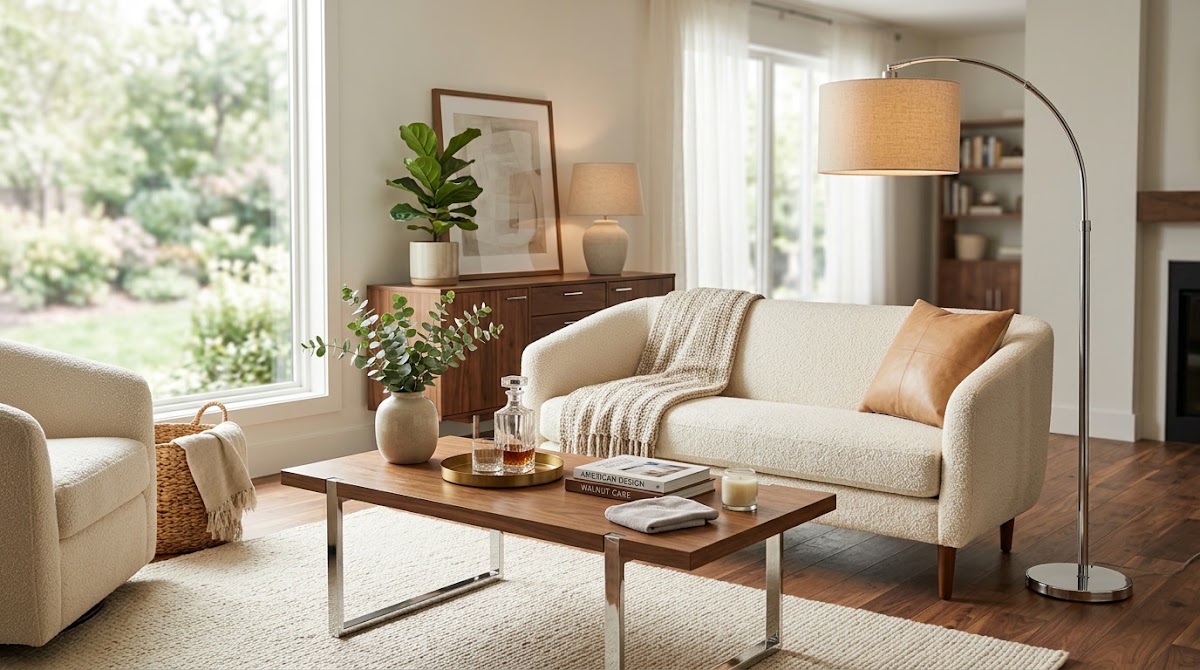 How to Balance Chrome and Walnut for a Warm Modern Living Room - microfiber care for polished chrome beside wood furniture