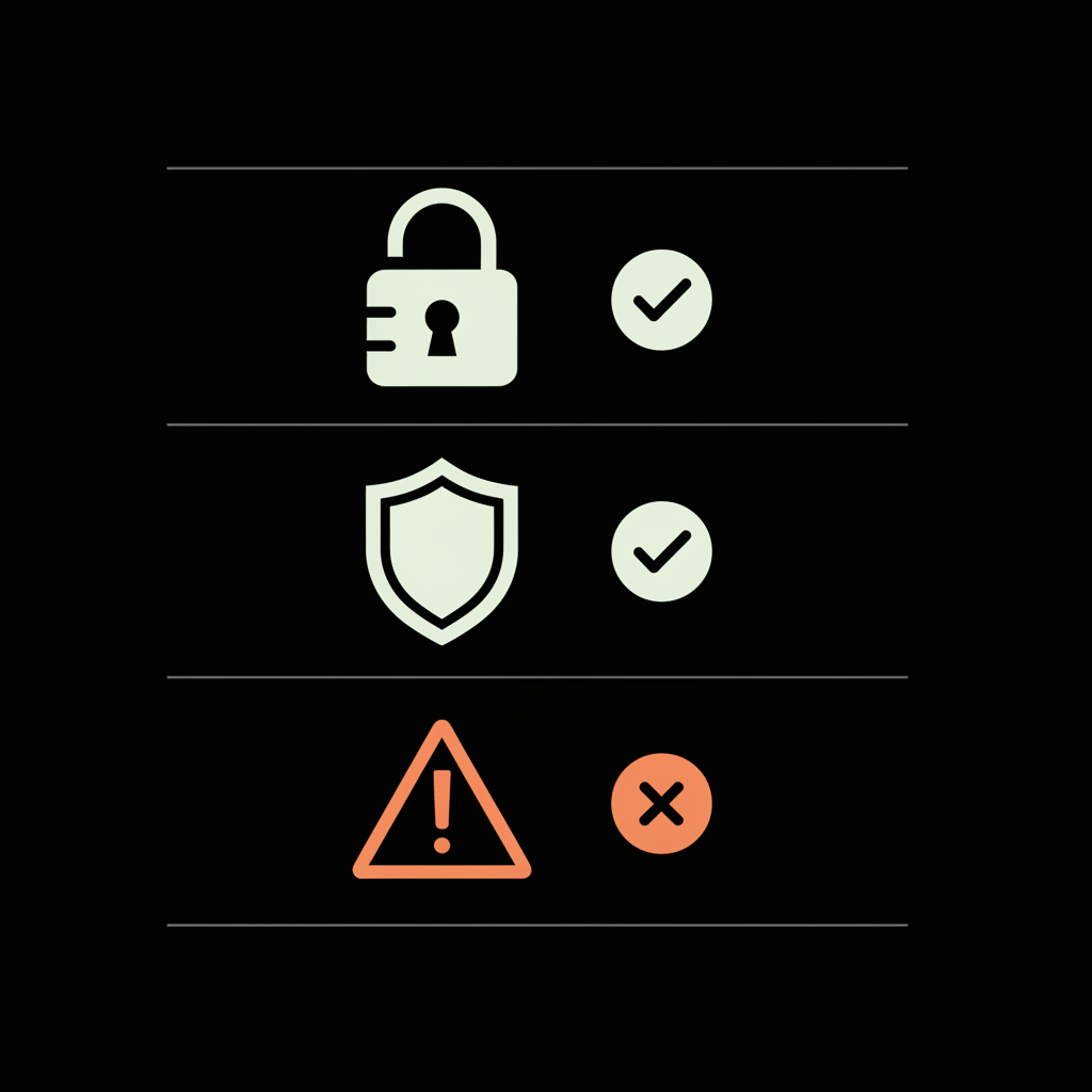 Minimal vector checklist infographic showing lock, shield, and exclamation icons with check and cross badges on a black background for Instagram verification guidance