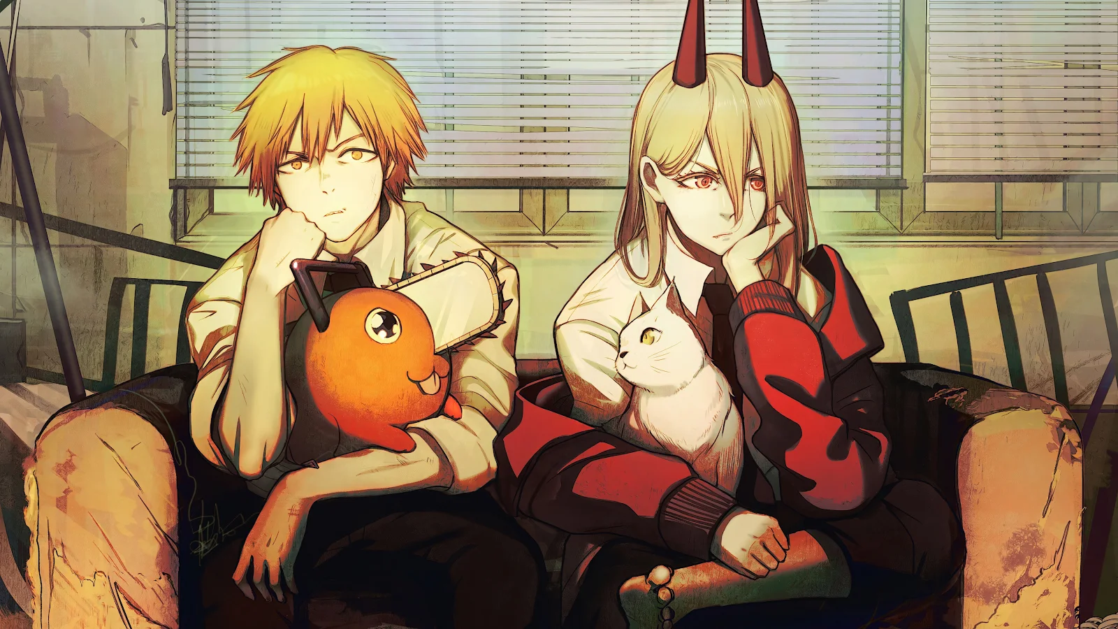 Chainsaw Man, Denji (Chainsaw Man), Blonde, Pochita (Chainsaw Man), Power (Chainsaw Man) 4K Desktop, iPhone Wallpaper Background