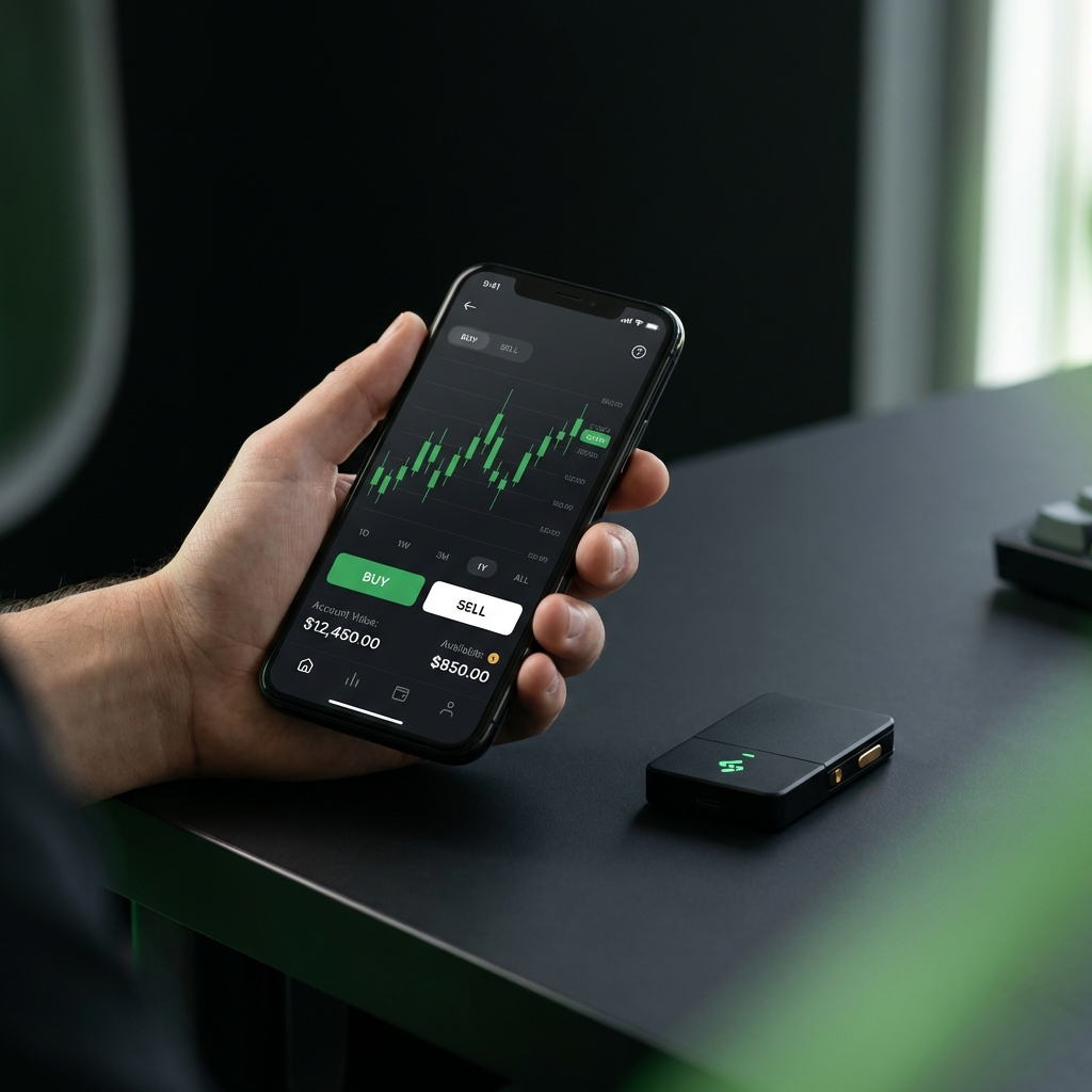 Close up of hand holding phone showing a clean trading interface and a hardware wallet on a desk in Finance Police colors minimalist shot best app for trading cryptocurrency