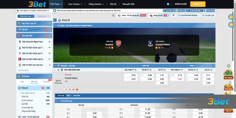 Tỷ lệ kèo Arsenal vs Crystal Palace 03h00 ngày 24/12/2025