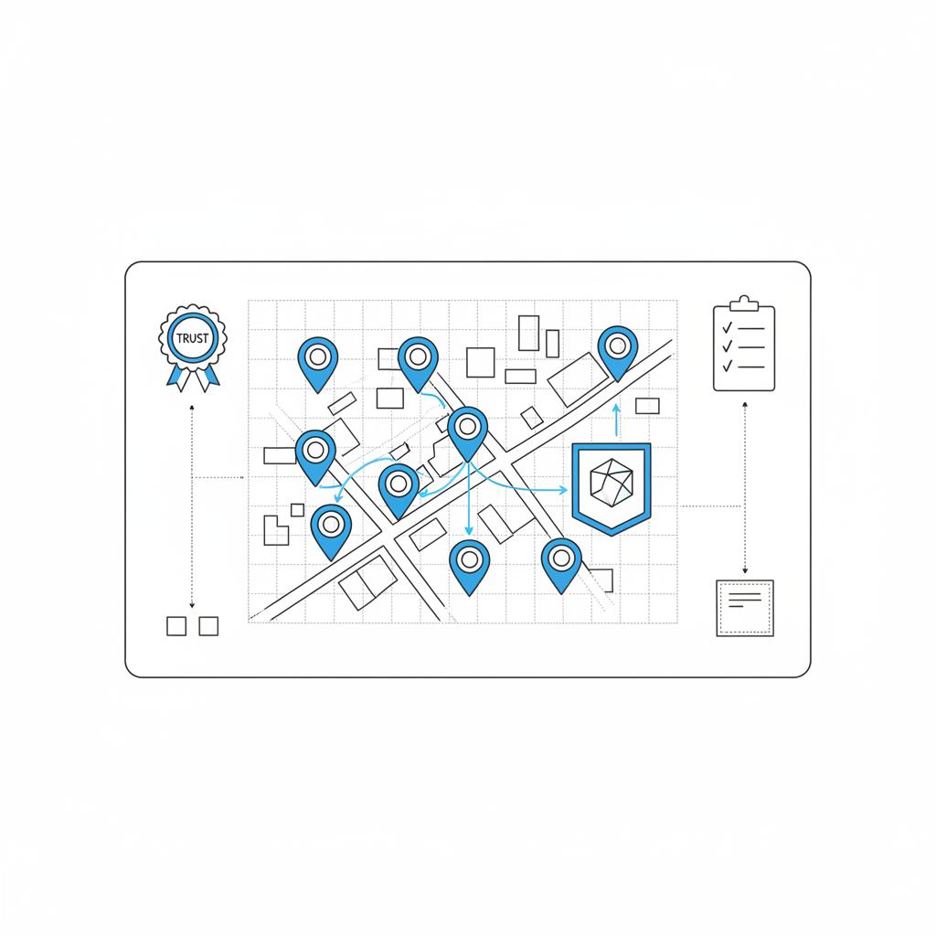 Minimalist 2D vector local map with pinpoints, arrows converging to a lead icon, trust badge sketch and checklist illustrating service zones for Google LSA ads