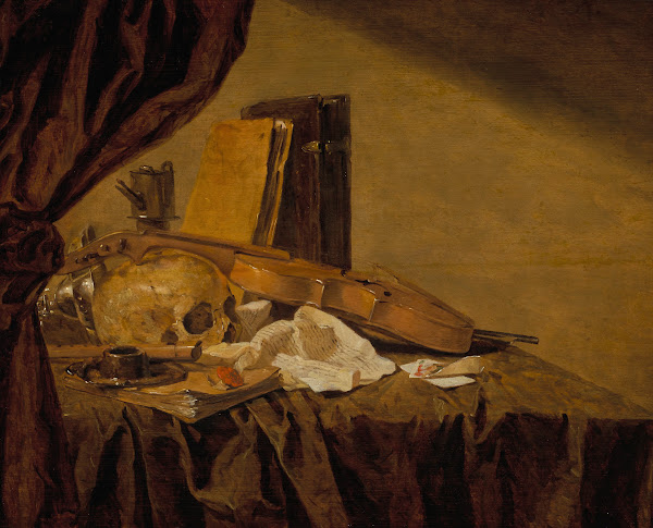 A vanitas still life with a skull musical instruments books playing cards an ink