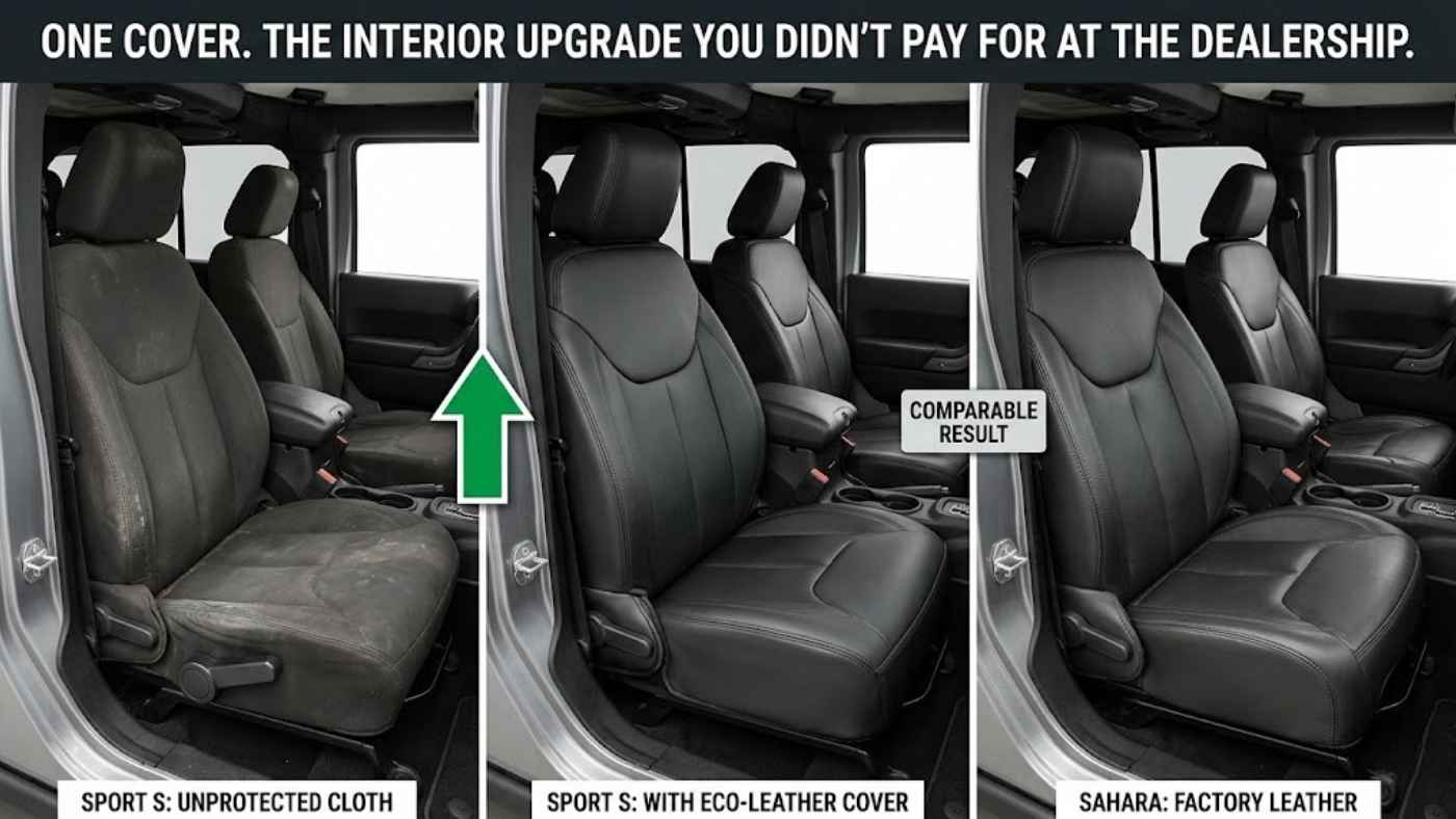 Jeep Wrangler Sport S interior upgraded with eco-leather seat covers for a premium factory-style leather appearance.