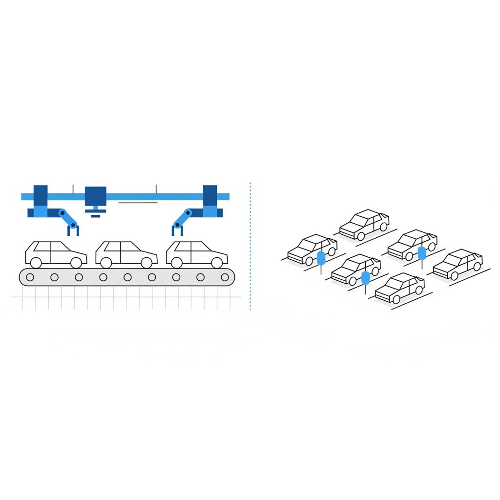 Minimalist 2D vector split scene showing factory assembly line left and dealer lot right illustrating production to listing timeline tesla for sale