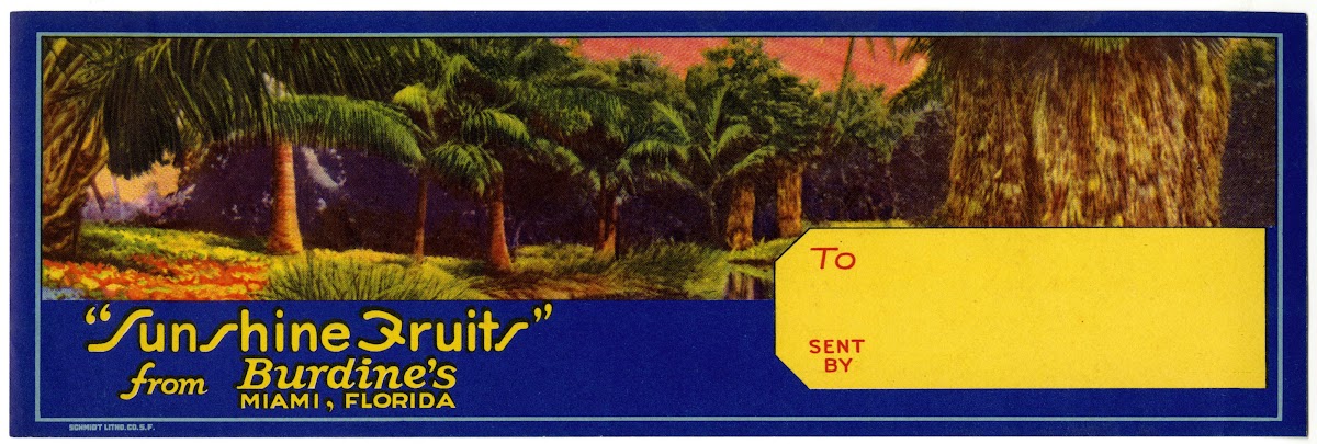 Gift Box Label for Sunshine Fruits from Burdines Date 1930