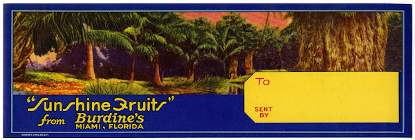 Gift Box Label for Sunshine Fruits from Burdines Date 1930