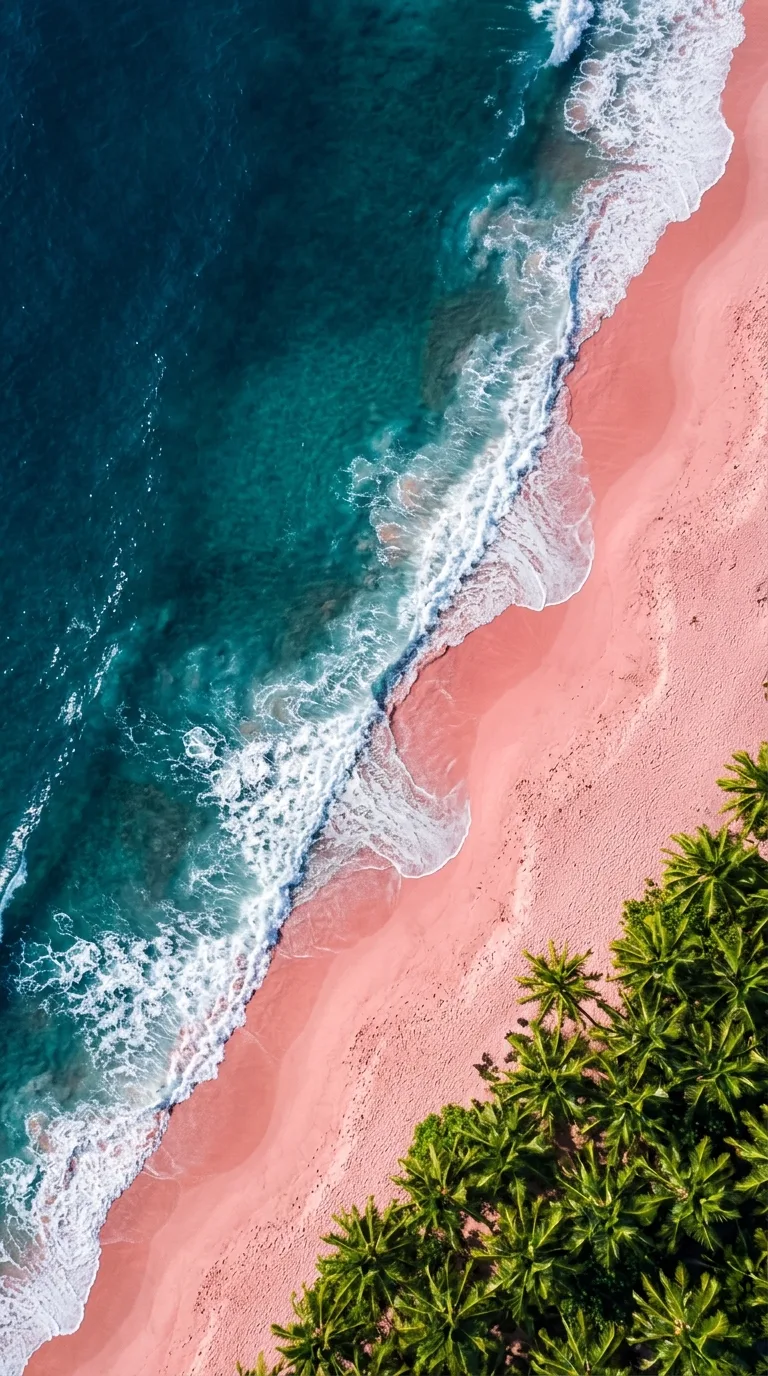 Aerial Top Down Shot of Ocean Waves Crashing on Pink Sand Beach - Free 4K mobile Wallpaper