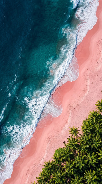 Aerial Top Down Shot of Ocean Waves Crashing on Pink Sand Beach - Free mobile Wallpaper
