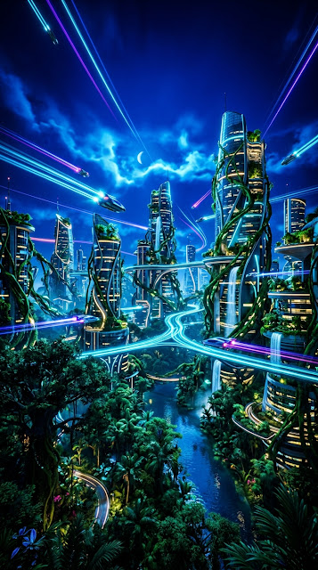 Futuristic City Integrated with Lush Jungle and Light Bridges - Free mobile Wallpaper