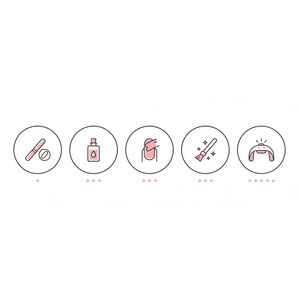 Minimalistische Vektor-Infografik für GellyNails Starter Kit mit fünf NailX-Icons: Vorbereitung, Base, Farbe, Topcoat und Aushärtung in Weiß und Akzentfarbe.